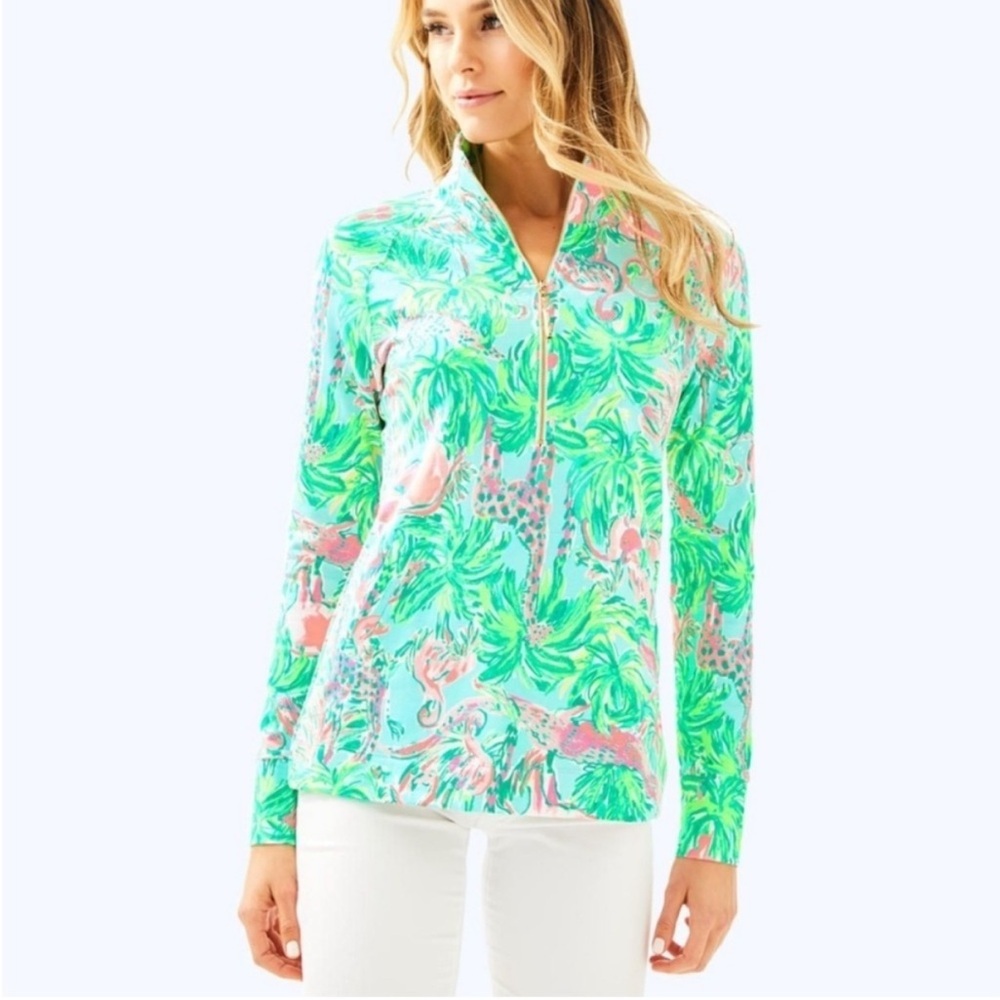 Lilly Pulitzer Coral Pink & Mint Tropical Zip Pullover